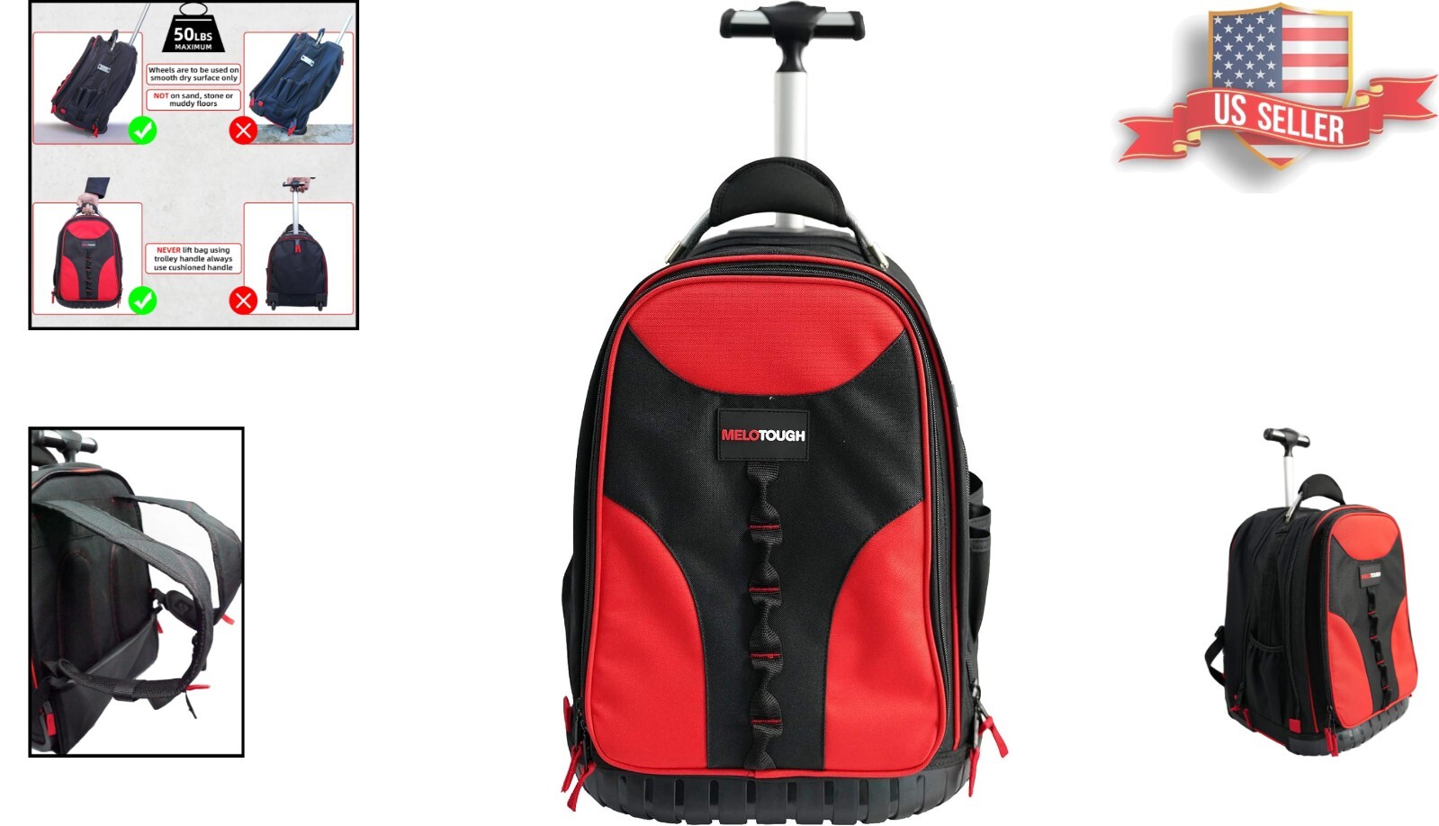 Multi-Functional Tool Backpack with Wheels & Laptop Compartment – Red & Black