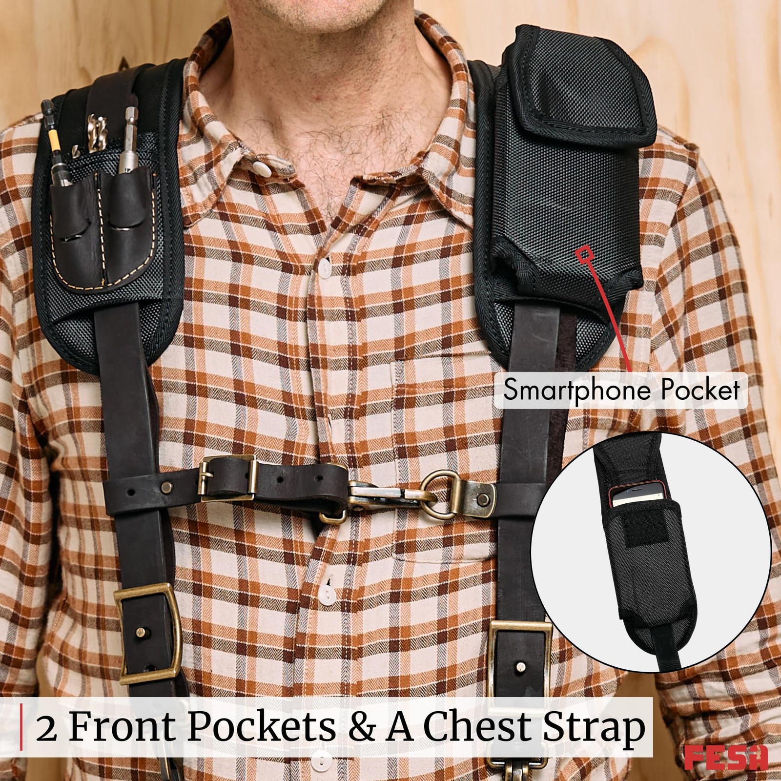 Leather Tool Belt Suspenders for Men with Breathable Mesh Padding, Front Pock…