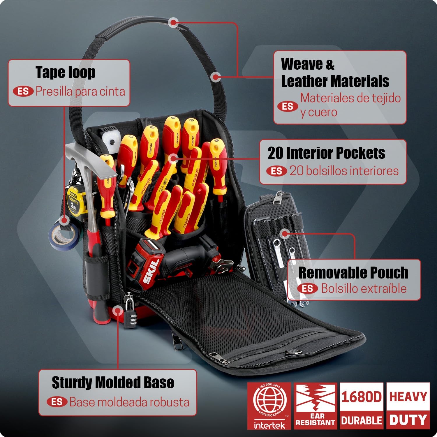 TECH 16 Electrician Tool Bag, Waterproof Hard Bottom Zippered Electricians To…