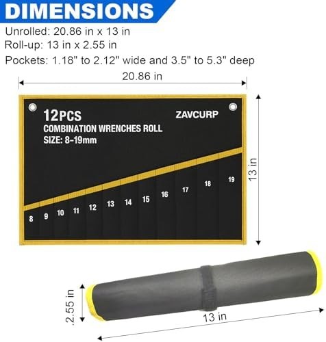 2PCS Wrench Roll Up Pouch, 12 Pockets Metric + 13 SAE, Black