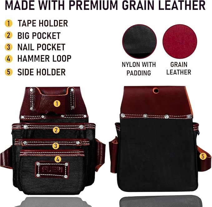 Fueri Tool Bag with Suspender for men nylon and leather 26 Pockets tool pouch