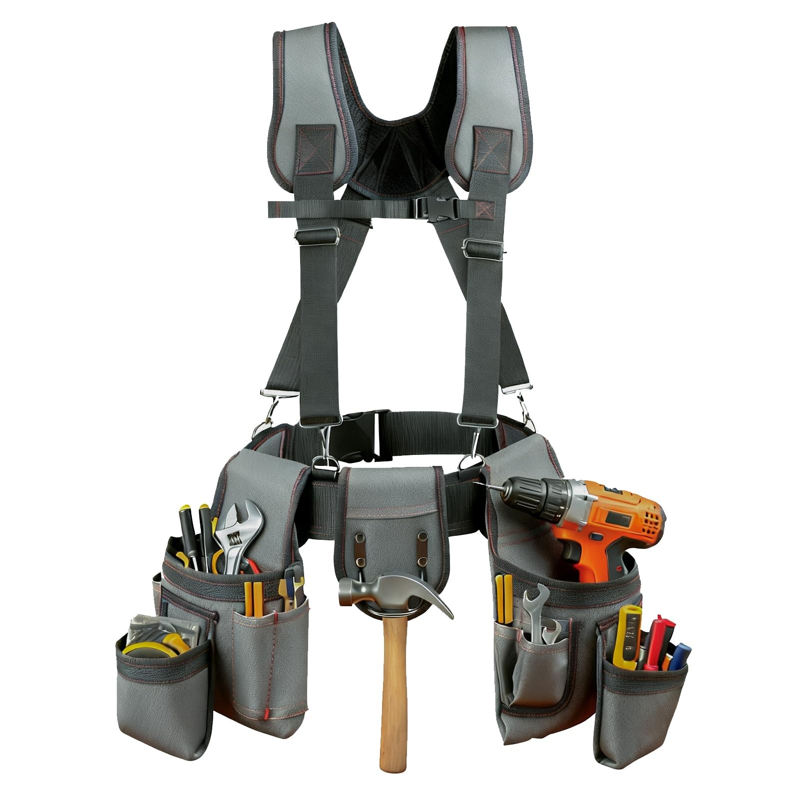 Tool Belt with Suspenders Pouches Pockets Hammer Loop for Men