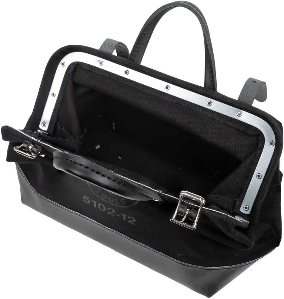 Heavy Duty Black Canvas Tool Bag with Wide Hinged Opening and Leather Handles, 1