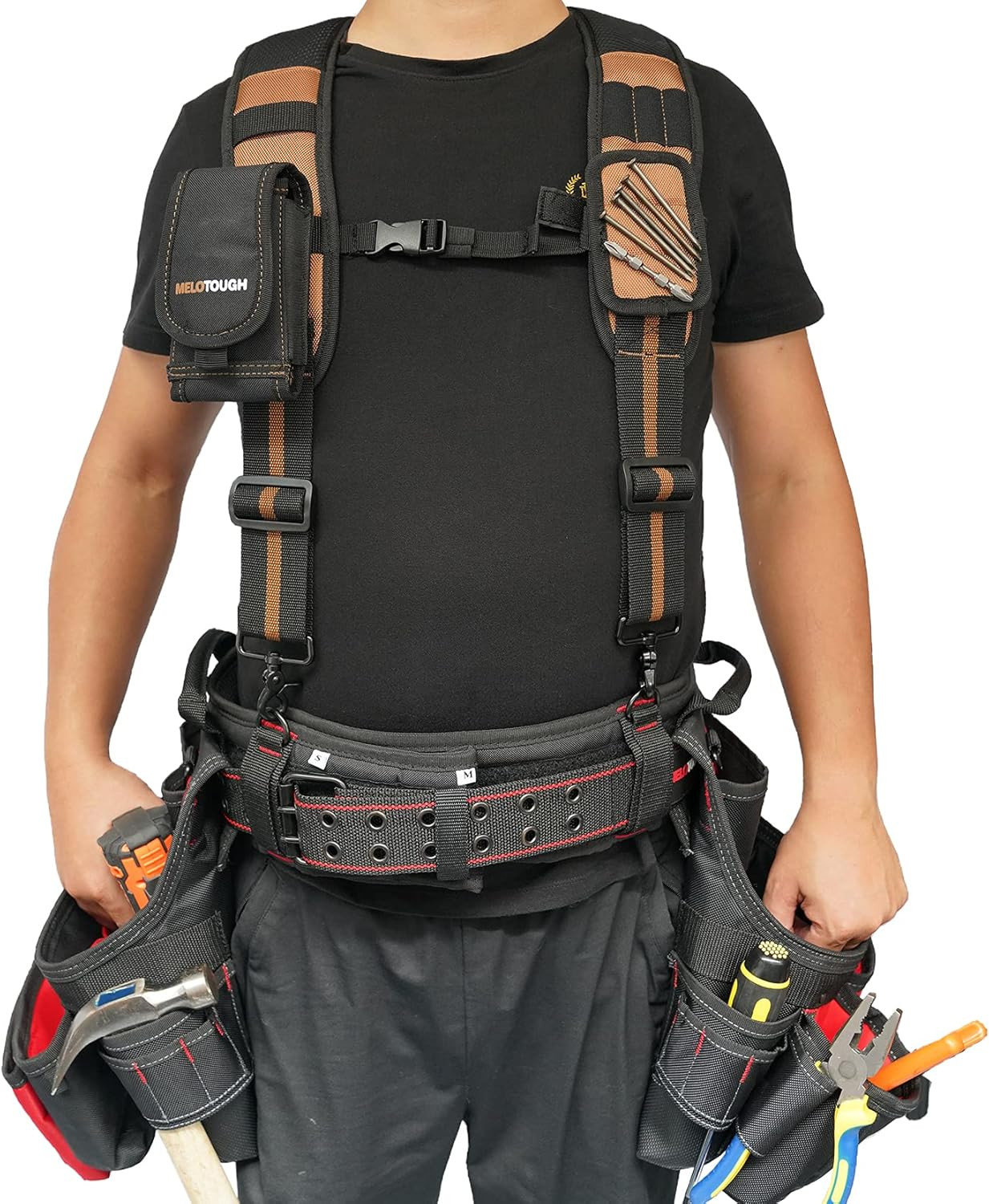 Professional Heavy-Duty Tool Belt with Suspenders & Magnetic Wristband