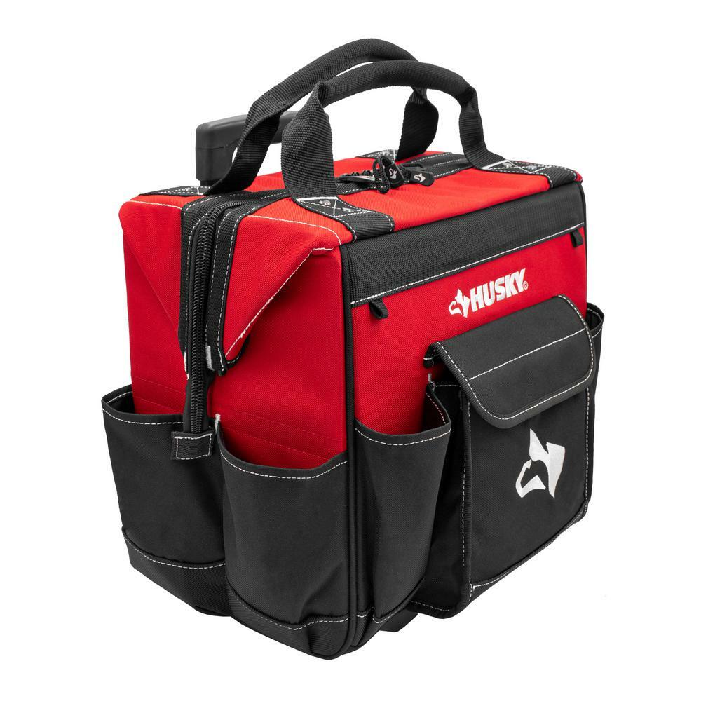 14 in. Zipper Top Rolling Water Resistant Tool Tote Bag in Red with 13 total