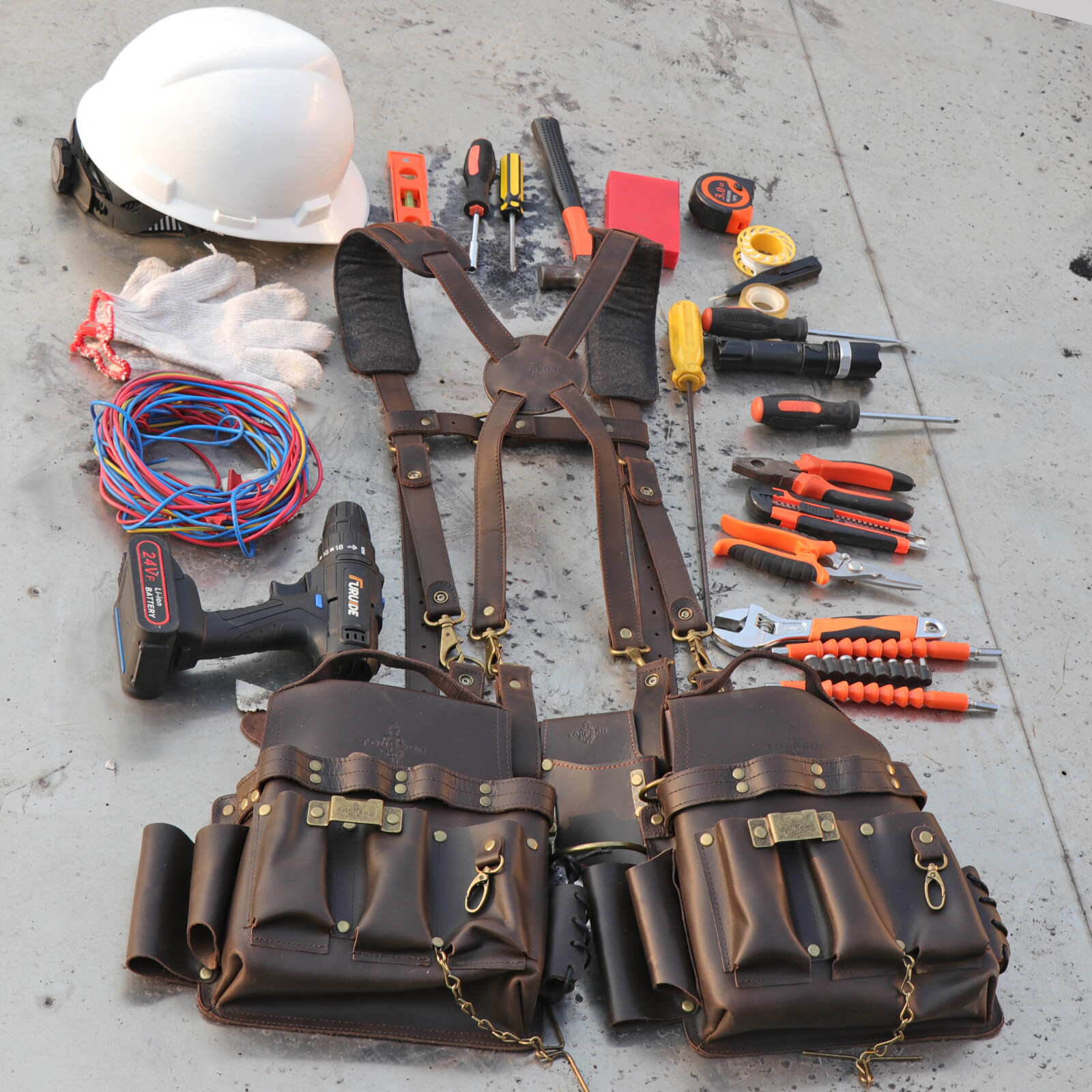 TOURBON Leather Tool Belt Suspenders Carpenter Heavy Duty Workshop Chest Strap