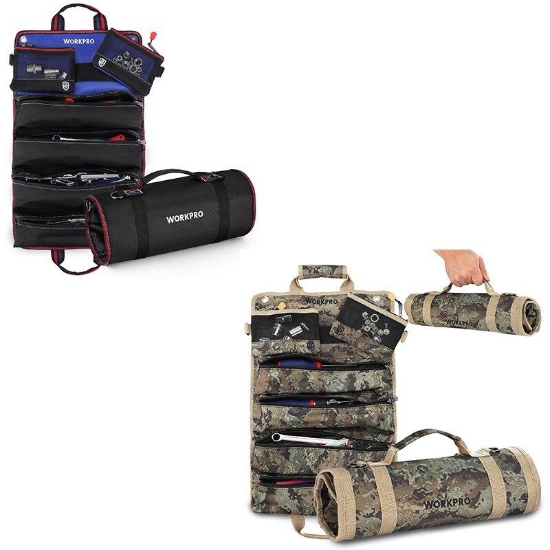 WORKPRO Roll Up Tool Bag Black/Camo with Detachable Tool Pouches with 6 Pockets