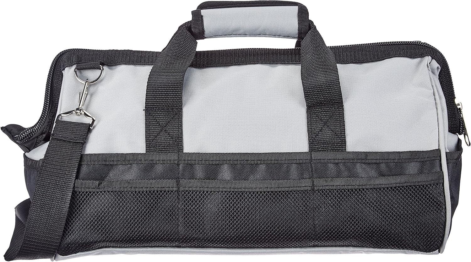 Durable 16-Inch Tool Bag with 26 Compartments & Adjustable Strap in Black/Grey