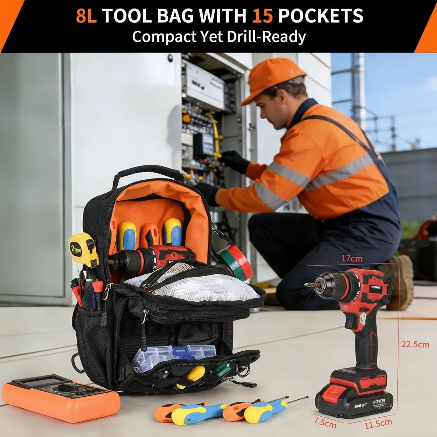 Electrician HVAC Tool Chest Bag Waterproof 15 Pocket Pouch for DIY Professionals