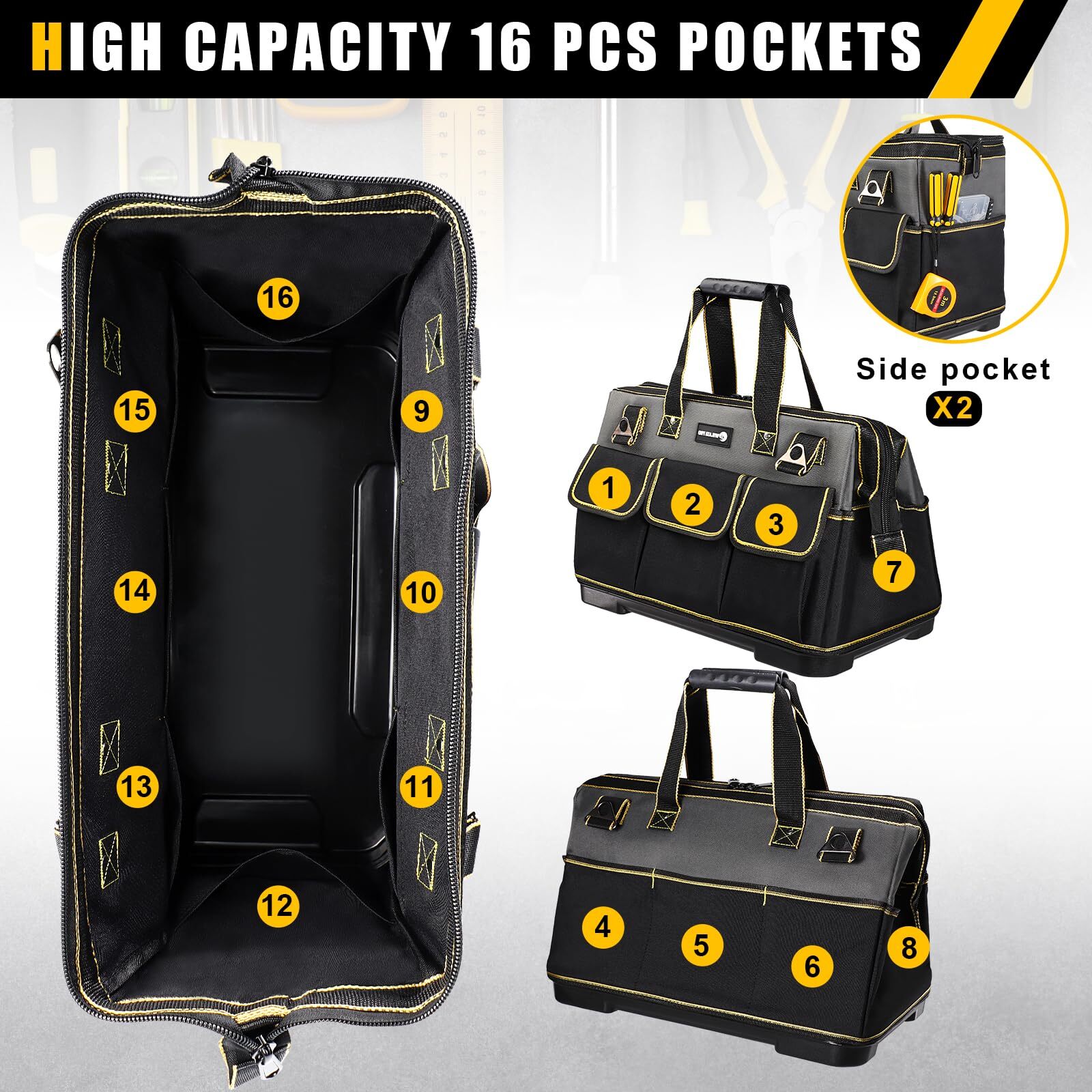 17 inch Tool Bag with Waterproof Molded Base High Capacity Wide Mouth Tote