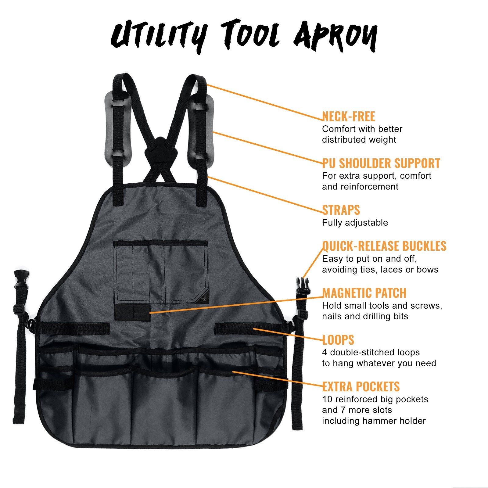 Tool Apron – Magnetic Holder, 18 Pockets, CrossBack – Woodworker, Electrician
