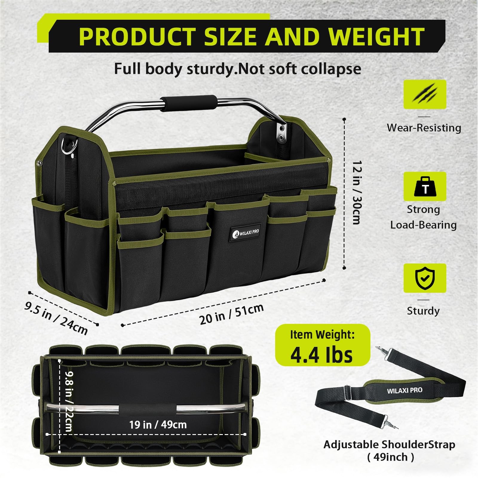 20in Foldable Open Top Tool Bags For Men Heavy Duty Hard Handle Green Tote