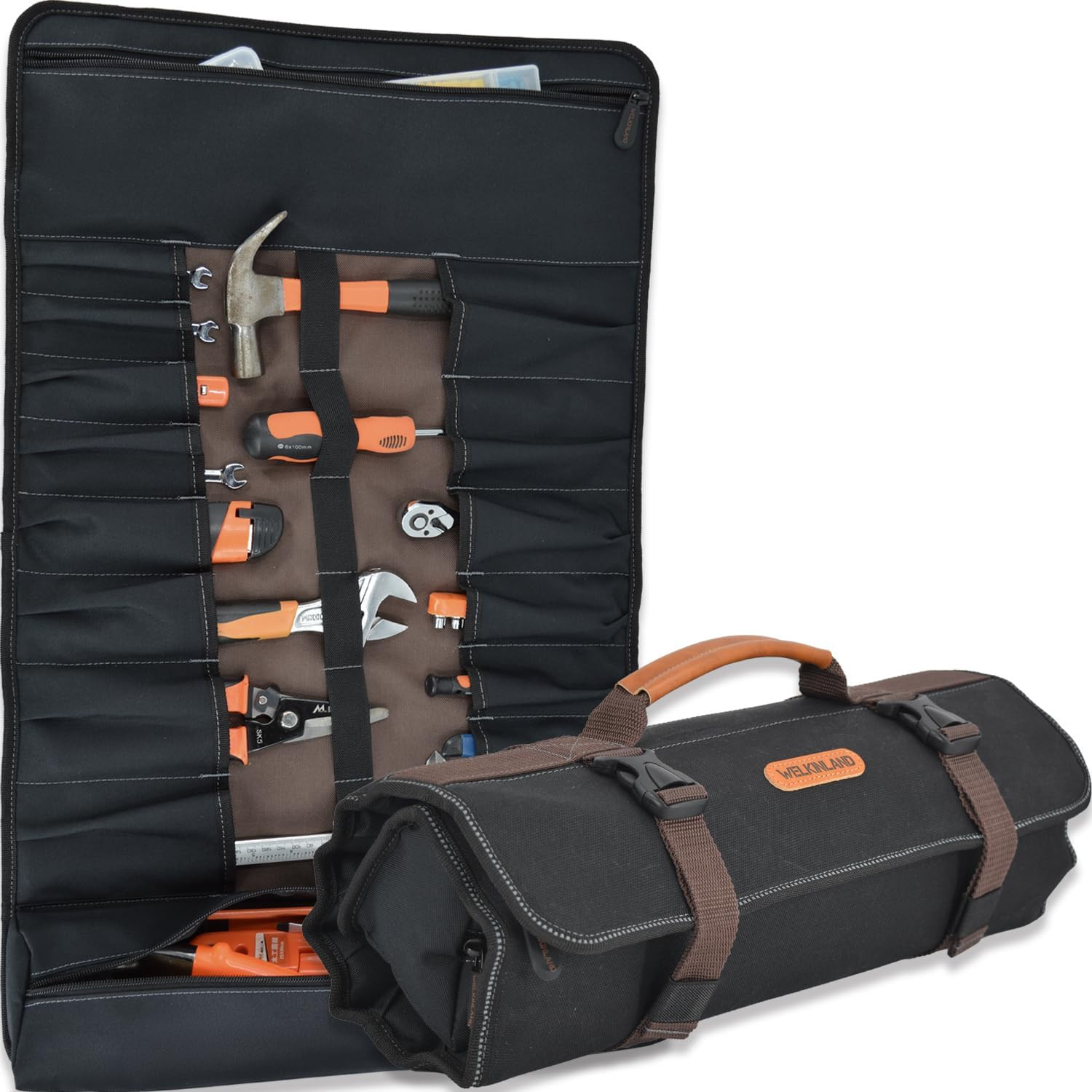 18-Pockets Waxed Canvas Tool Roll, Heavy-Duty Tool Bag Roll, Waterproof Tool Rol