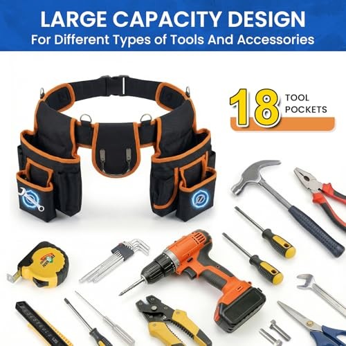 Tool Belt with Suspenders, 18-Pocket Combo Harness System with Orange-black