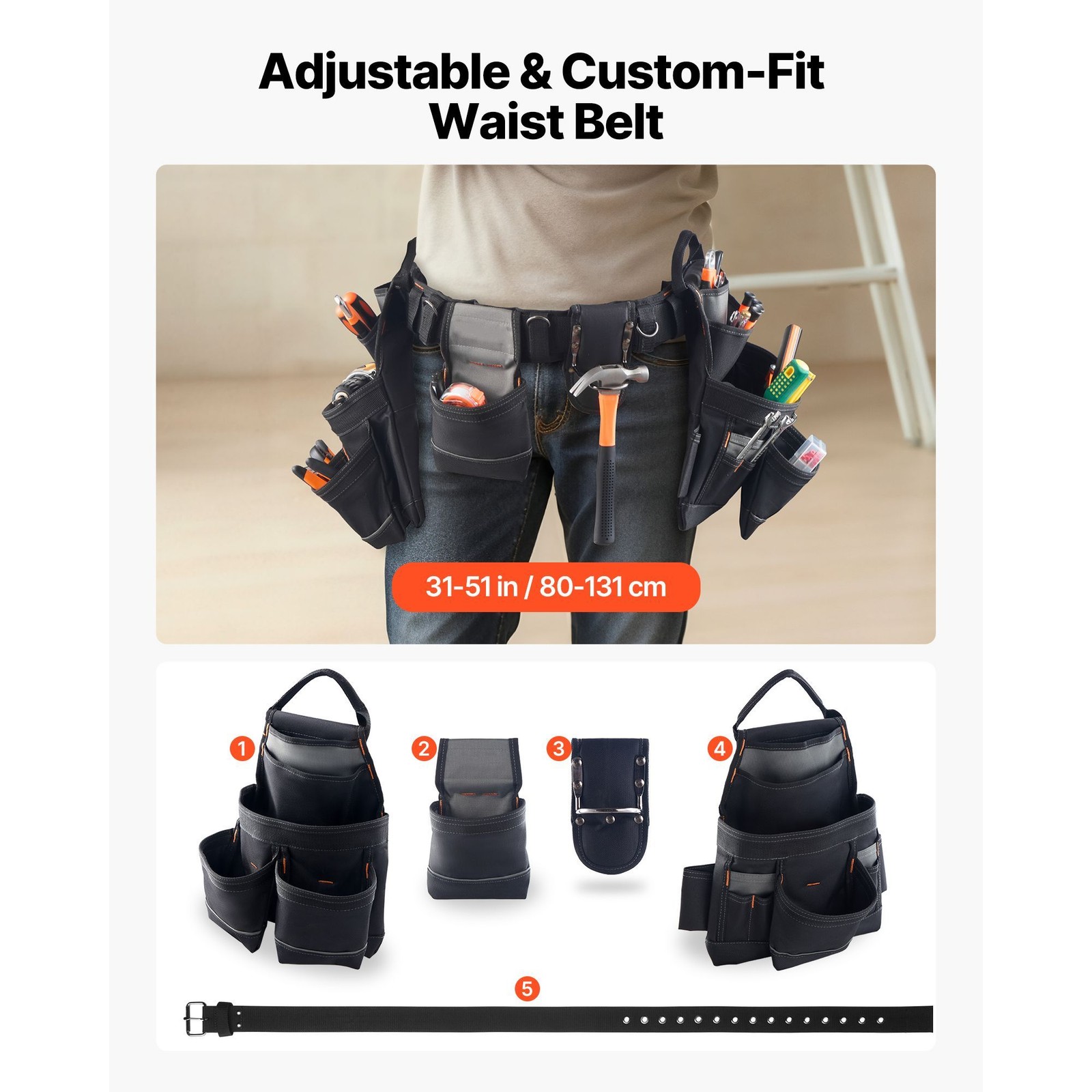 18-Pocket Tool Belt, 600D Polyester, Adjustable 31-51in Waist