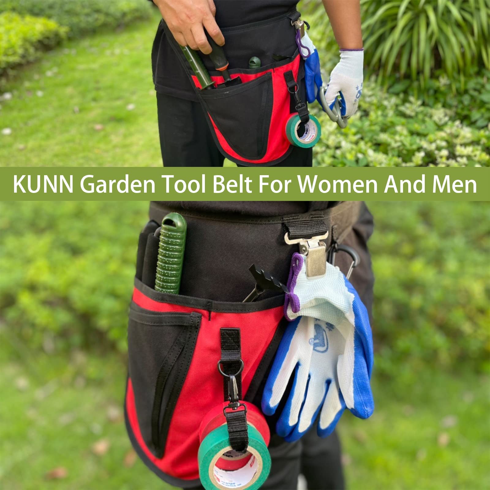 Red Garden Tool Belt with 4 Pockets Durable Adjustable Waist Pouch for Gardeners
