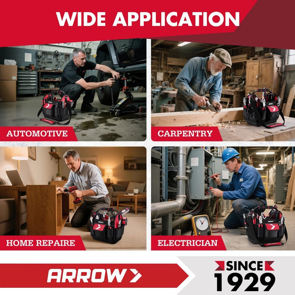 ARROW 12″ Tool Tote Hard Base Electrician Tool Bag Open Top Tool Bag w/19 Pocket