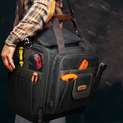 WELKINLAND 54-Pocket Electrician Tool Bag Waterproof Waxed Canvas Hard Bottom