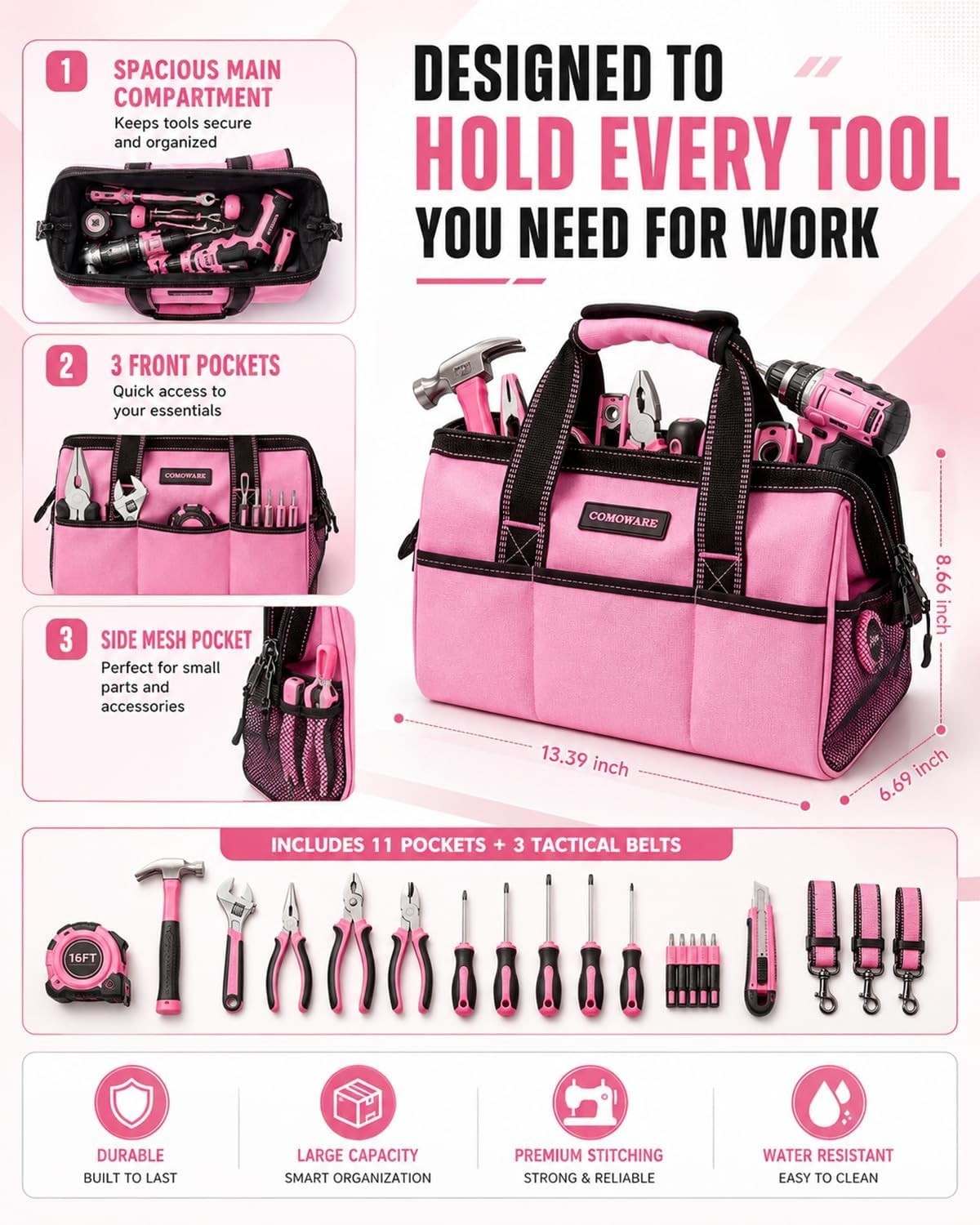 13-Inch Tool Bag, Pink Soft Storage Bags with Inside Pockets, Wide Mouth Pink…