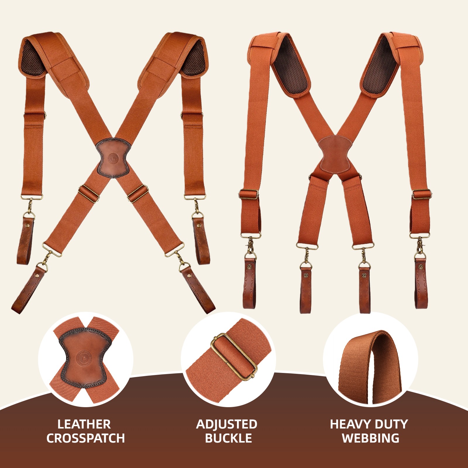 TOURBON Adjusted Tool Belt Suspenders- Leather Cross Patch-Padded Shoulder Strap