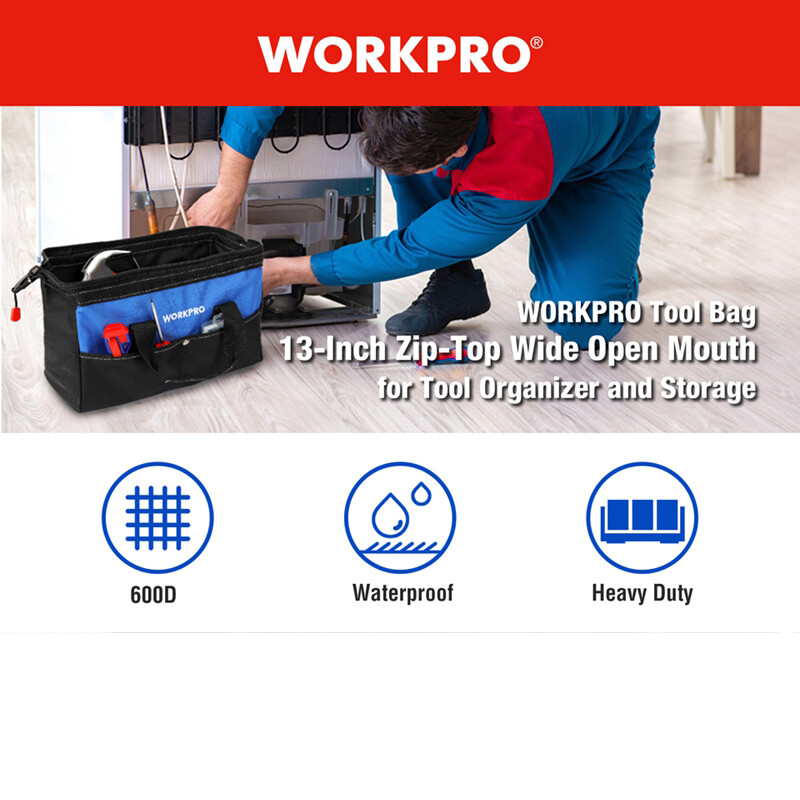 WORKPRO 13-Inch Tool Bag Tool Storage Bag Wide Mouth Tool Tote Bag Blue/Pink NEW