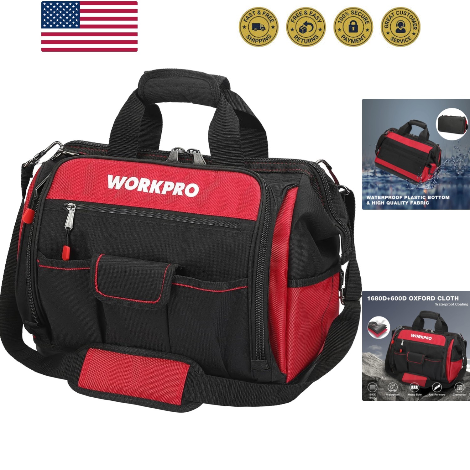 16″ Top Wide Mouth Tool Bag with Water Proof Rubber Base, Multi-Compartment, …