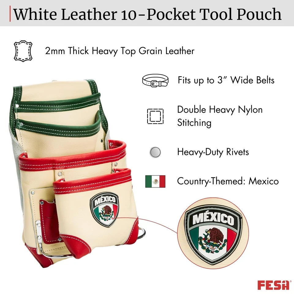 FESA Leather Carpenter Tool Pouch – 10-Pocket Heavy Top Grain White – Mexico