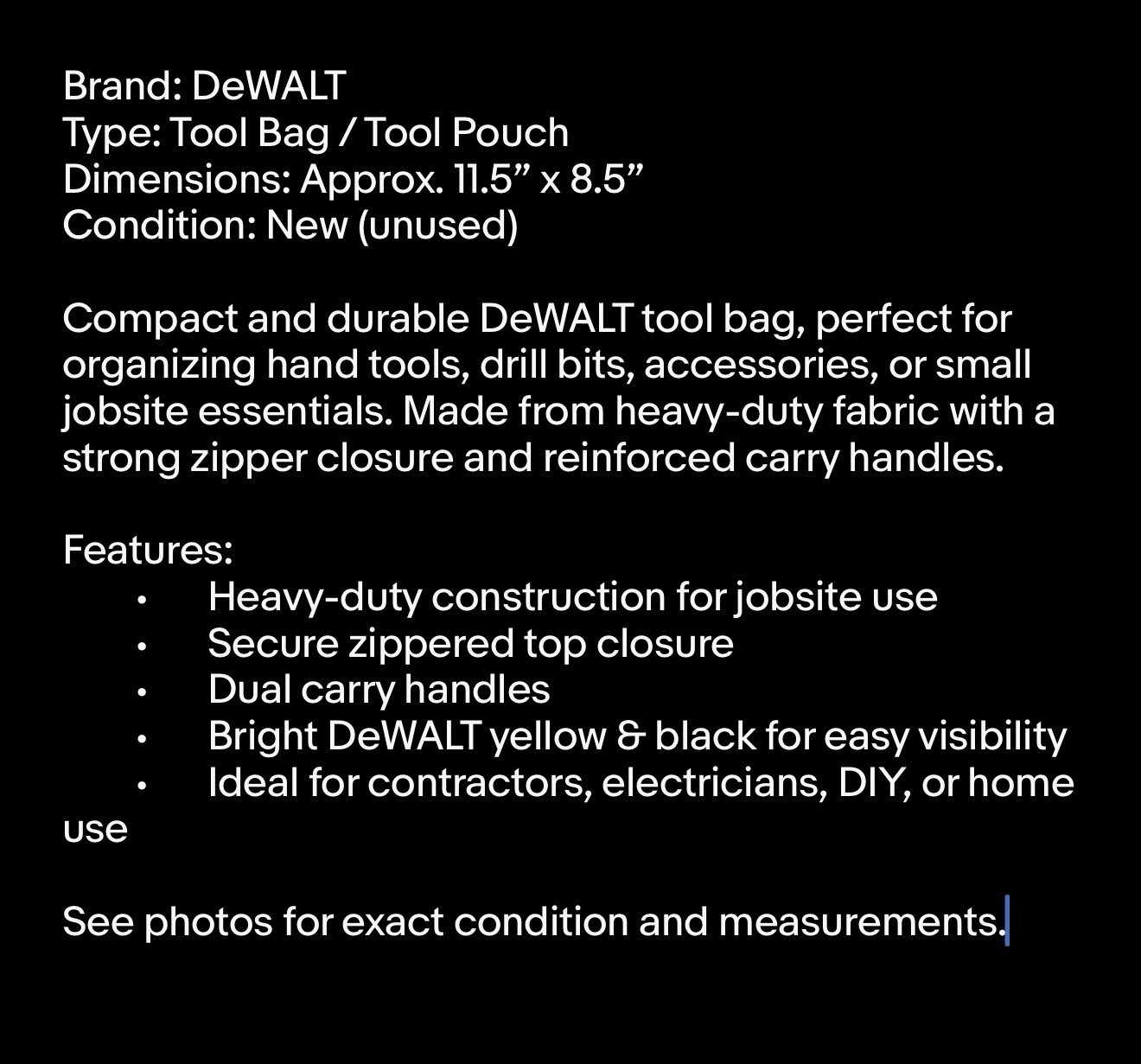 DEWALT Tool Bag 11.5×8.5 Small Contractor Zipper Pouch Heavy Duty NEW