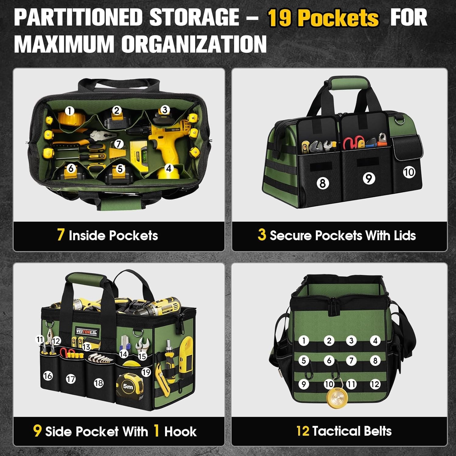 16-Inch Heavy-Duty Tool Bag – 19 Pocket Organizer in Deep Green for Efficiency
