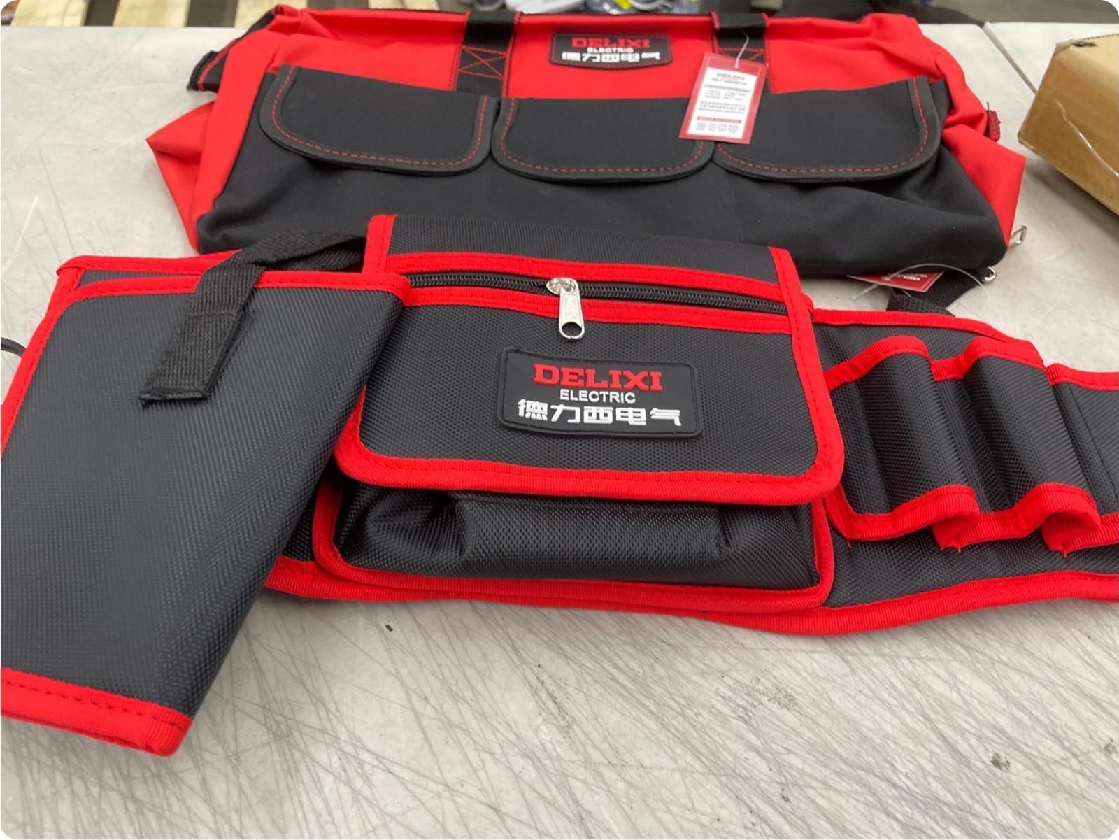 DELIXI ELECTRIC Tool Bag and Tool Belt Set, Black Red Fabric, 2 Items
