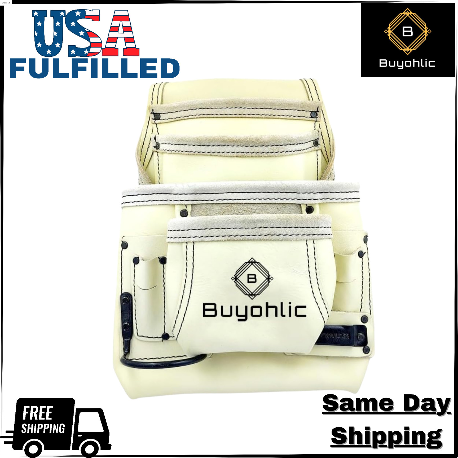 Heavy-Duty 10-Pocket Leather Tool Bag – Top Grain Construction Pouch-USA FULFILL