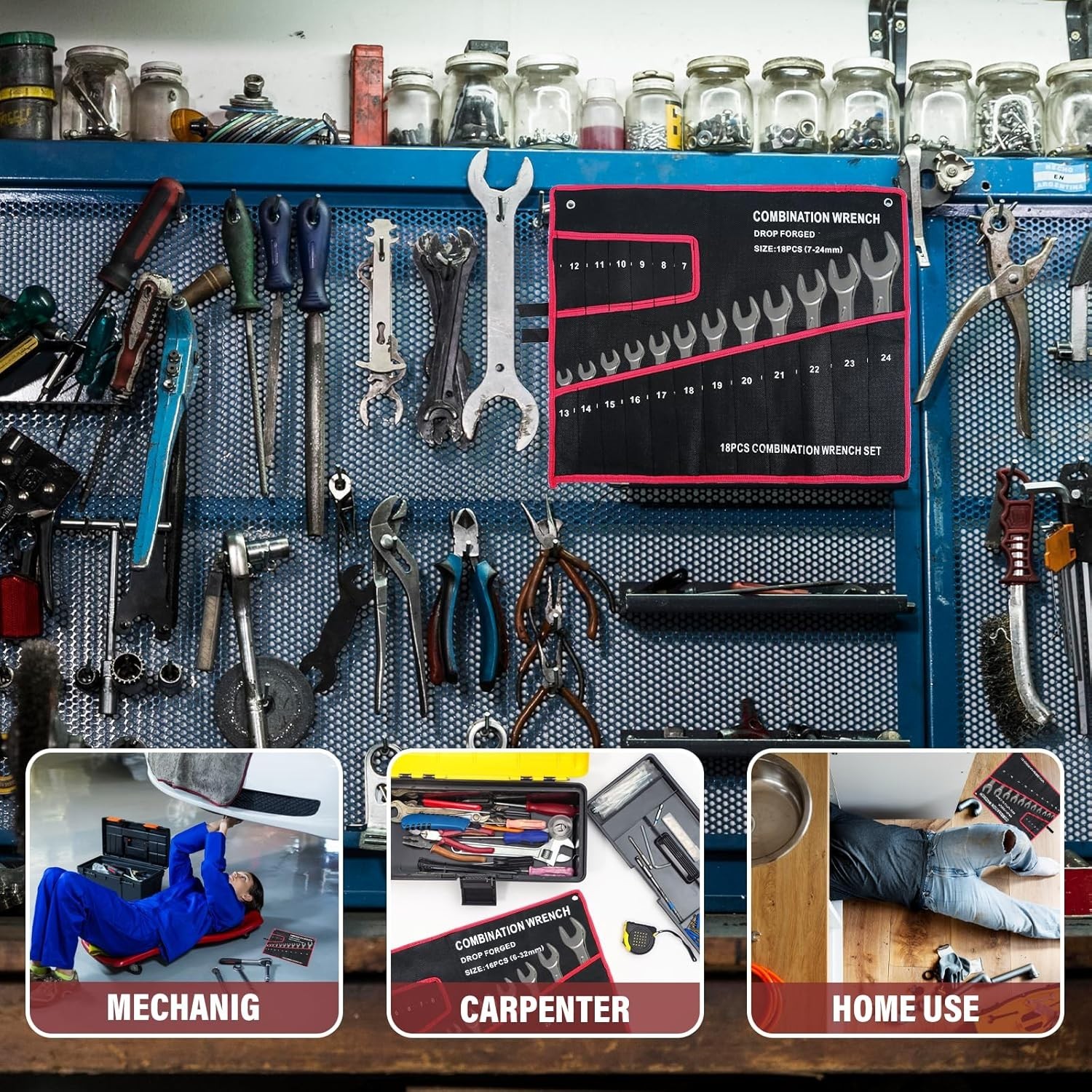 Wrench Roll Up Pouch Wrench Organizer Bag Wrench Tool Holder 18 Pockets