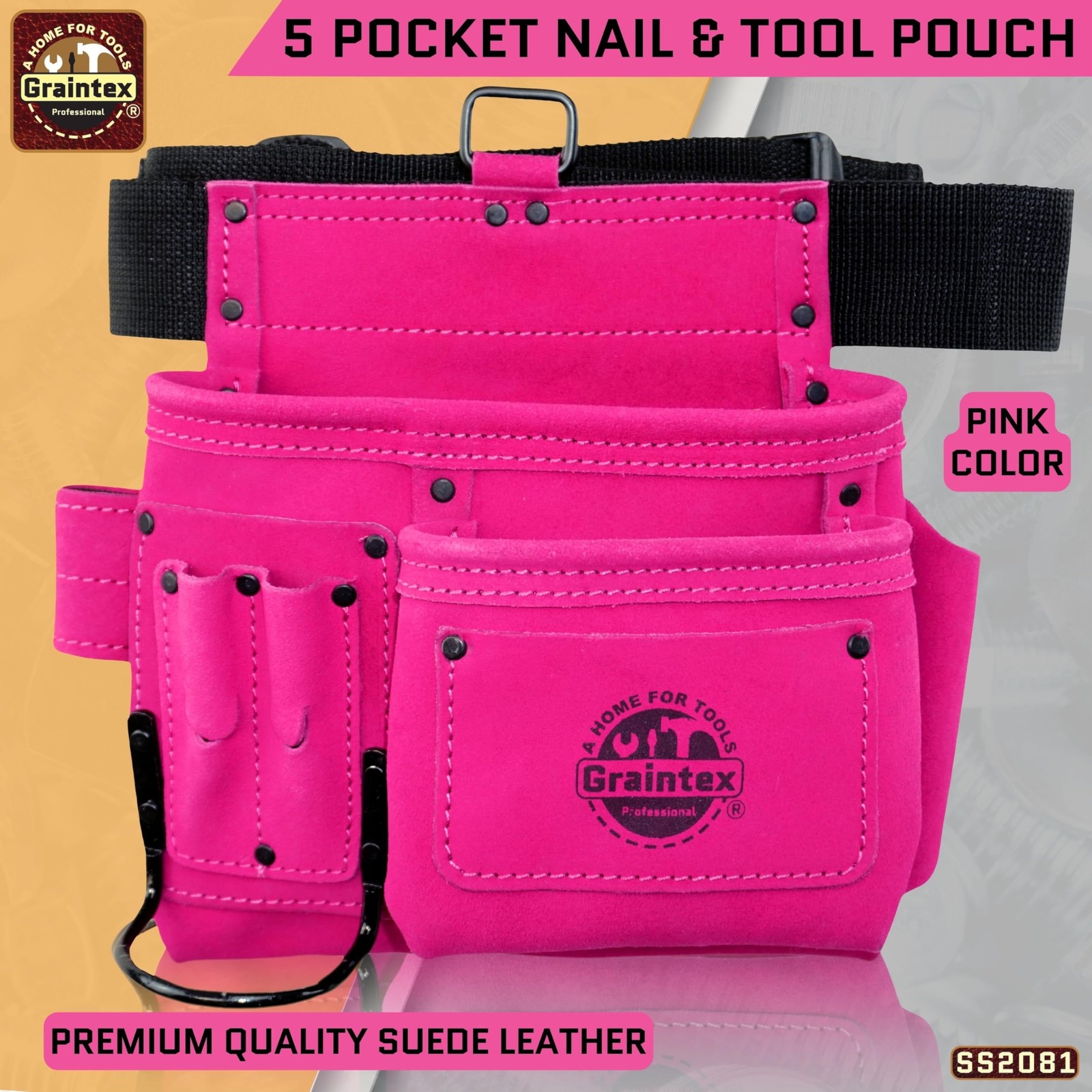 Graintex 5 Pocket Suede Leather Tool Belt/Bag | Pink | Multipurpose Leather T…
