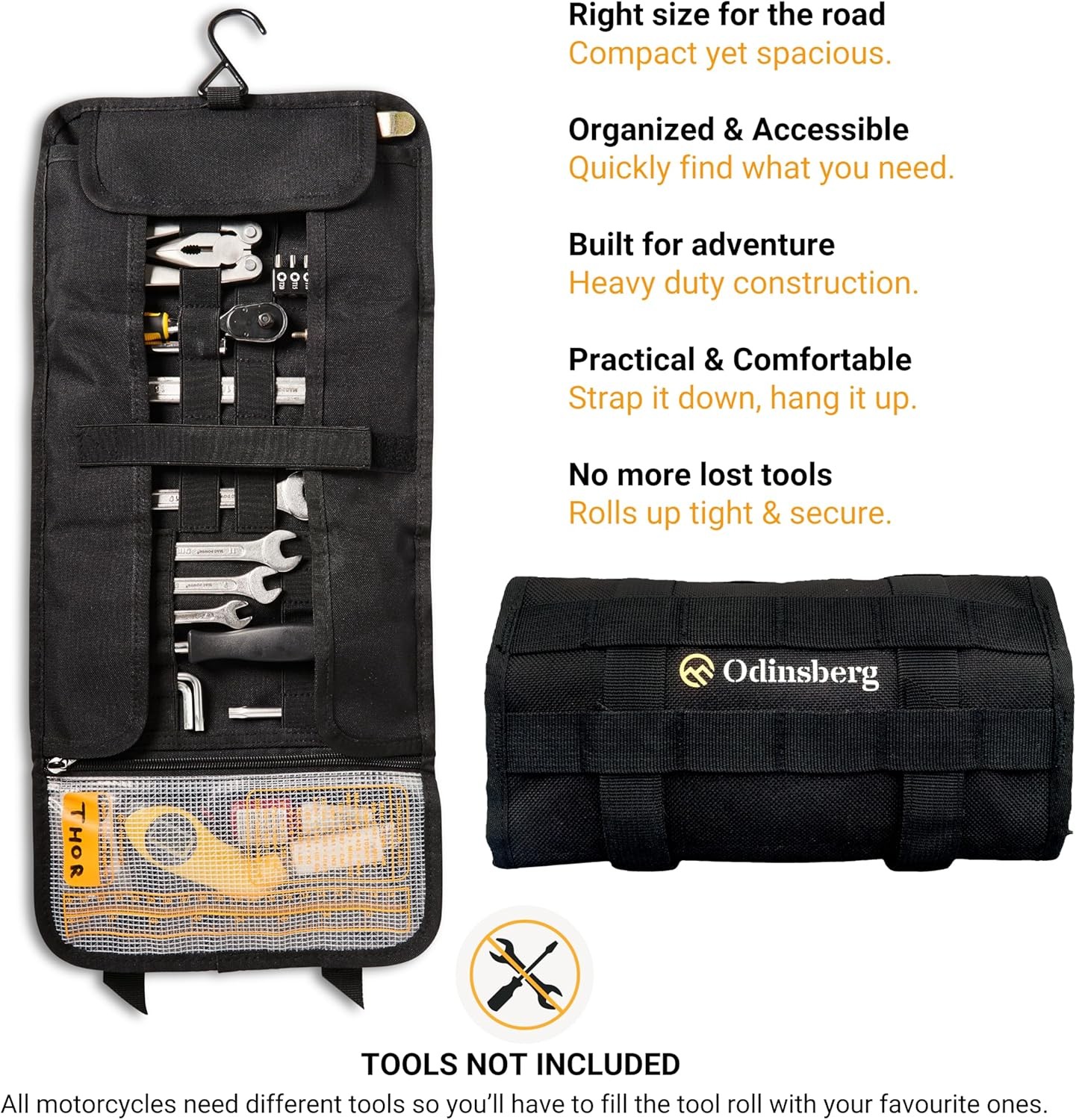 ODINSBERG Motorcycle Tool Roll Bag Tools NOT Included – 14cm x 24cm, Black