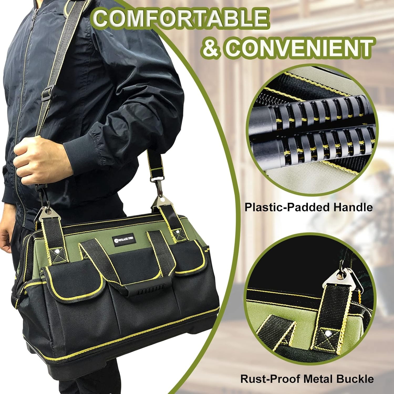 20in Heavy Duty Tool Bag Wide Mouth Tool Tote Waterproof Base Shoulder Strap Org