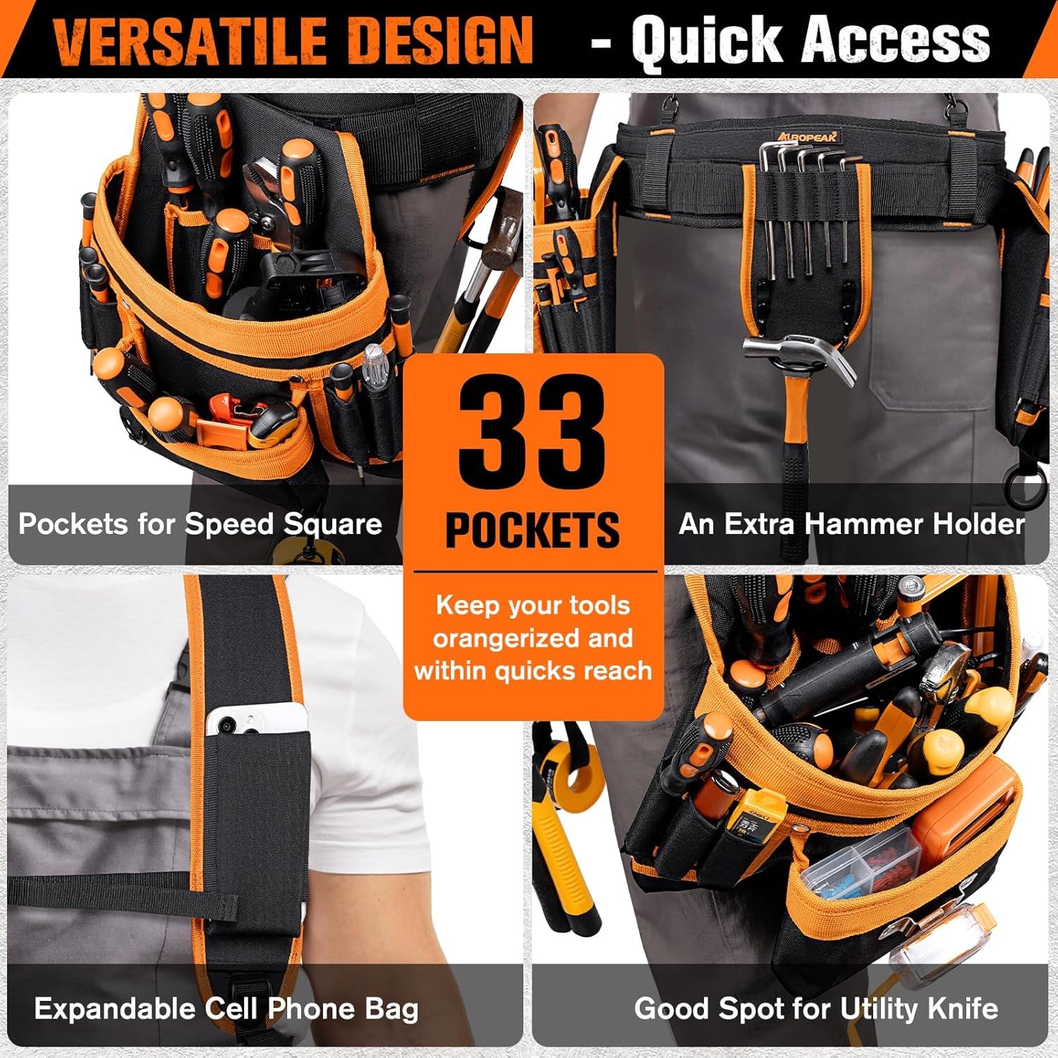 Auropeak 33-Pocket Modular Tool Belt w/ Suspenders (33″-48″ Waist)