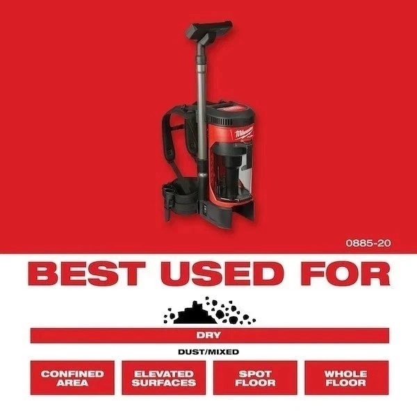 Milwaukee Tool 0885-20 M18 Fuel 3-In-1 Backpack Vacuum, 1 Gal Capacity,