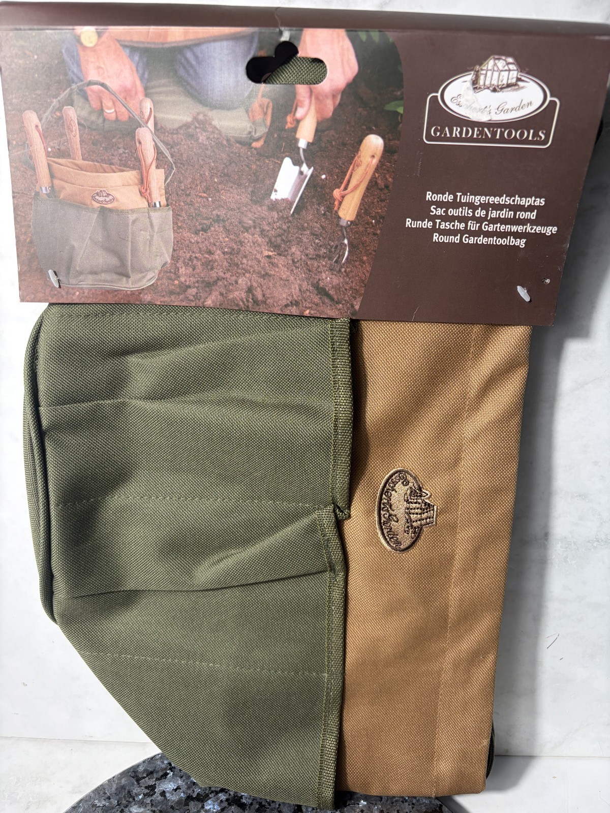 Esschert Design Canvas Round Tan & Green Garden Work Tool Bag