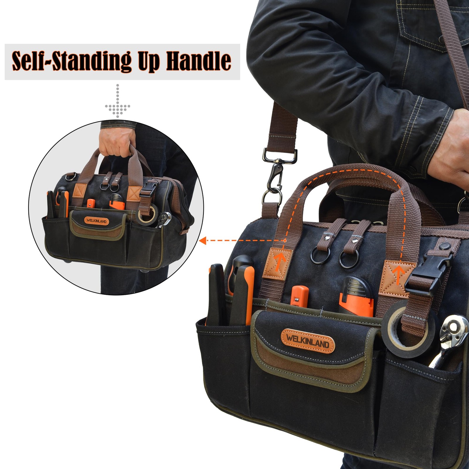 WELKINLAND 30-Pockets Canvas tool bag, 14-Inch Heavy Duty tool bag, Waxed Canvas