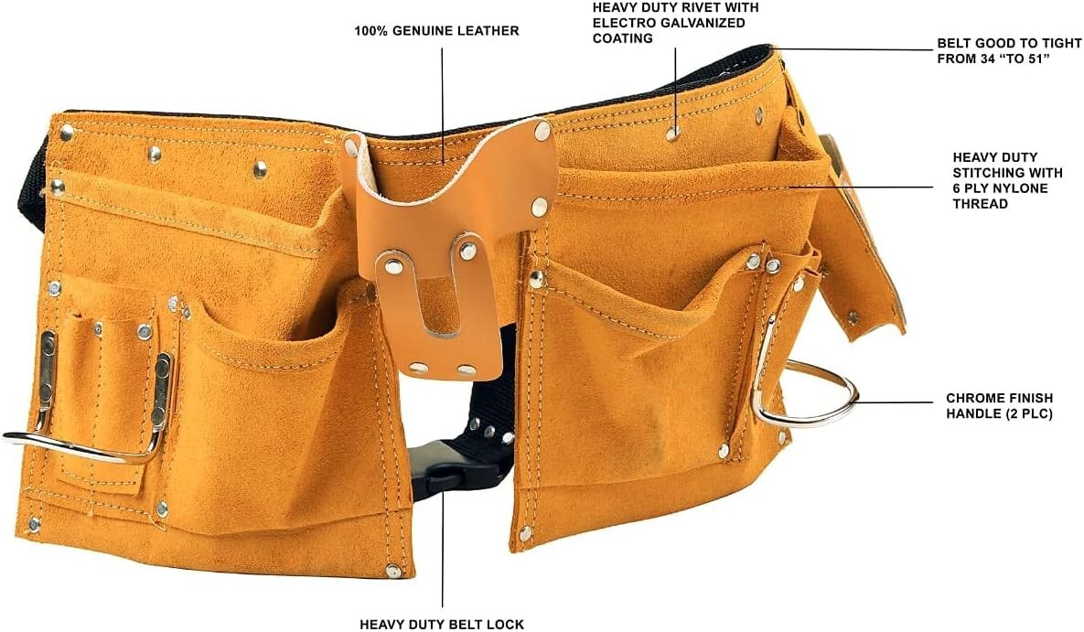 Leather Carpenter Tool Belt 11 Pockets Quick Release Buckle Work Pouch