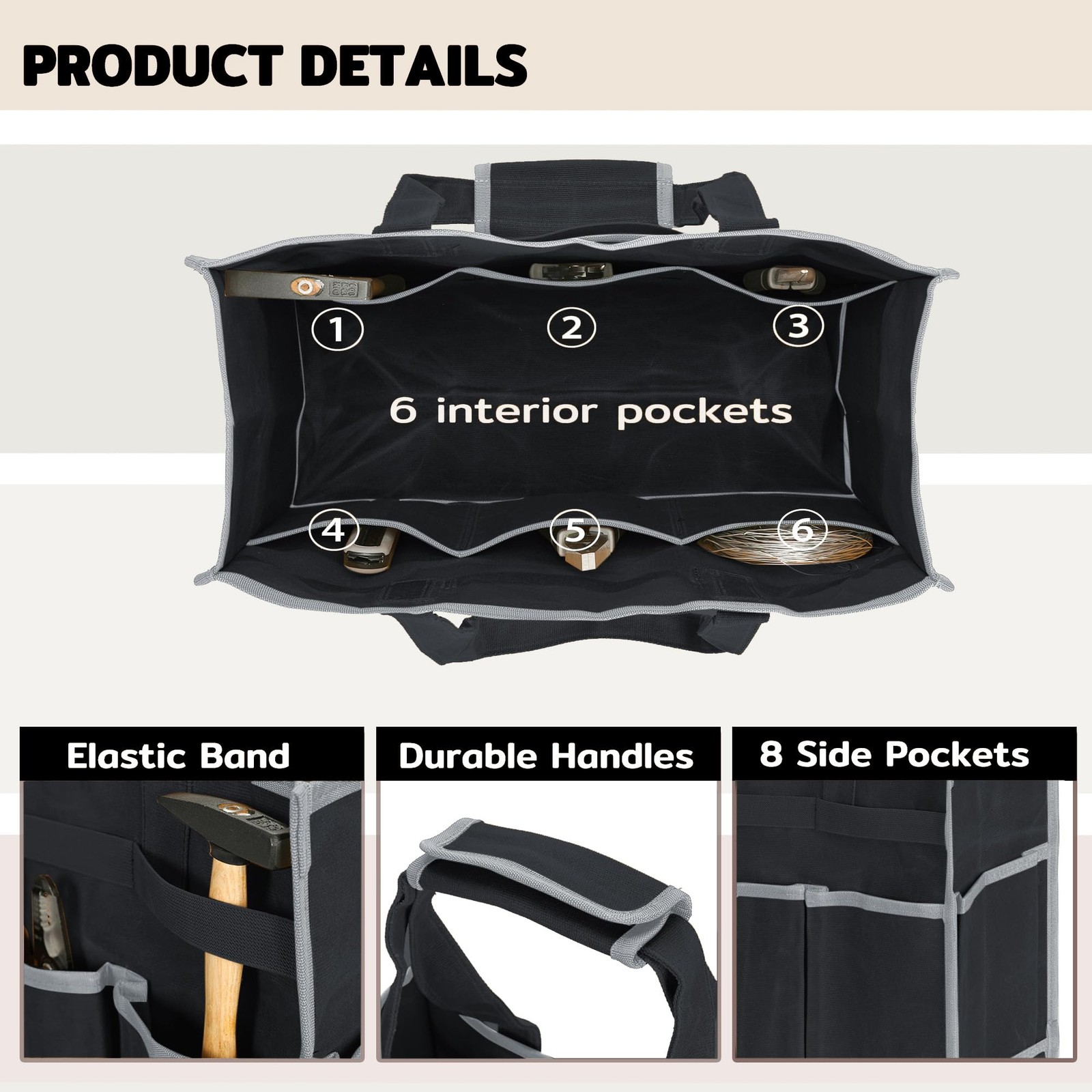 Tool Bag 16.5x7x12 Inch Heavy Duty Waxed Canvas 6 Pockets – Garden Storage