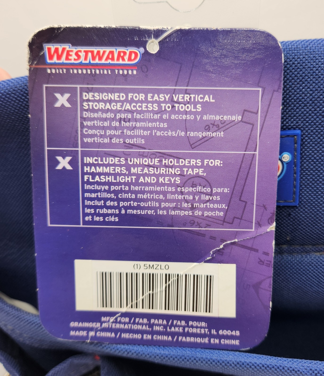 Westward 5MZL0 Electricians Tool Pouch w/Belt~600D Polyester~4 Pockets