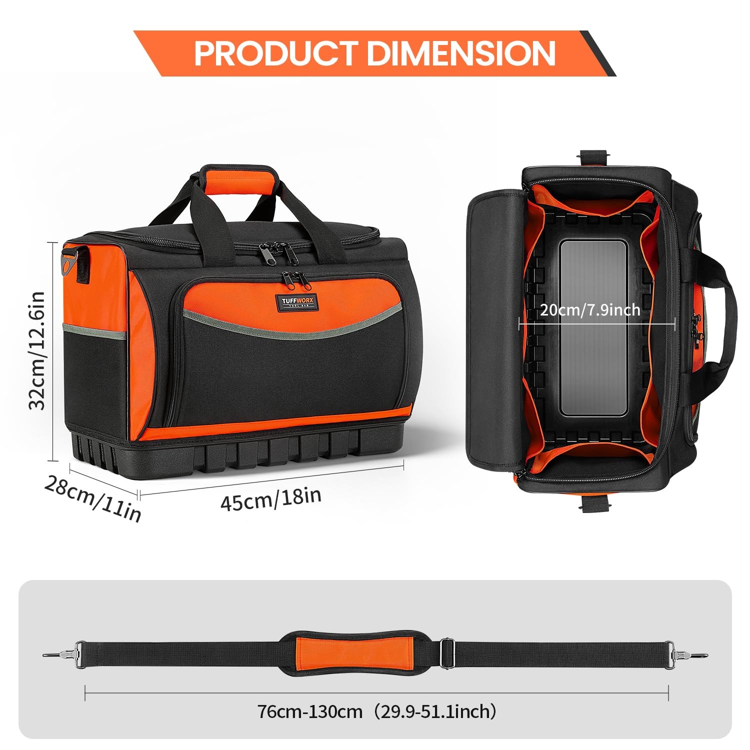 Large Tool Bag 17.7×12.6×11 Inch Waterproof Molded Base 18 Pockets 600D