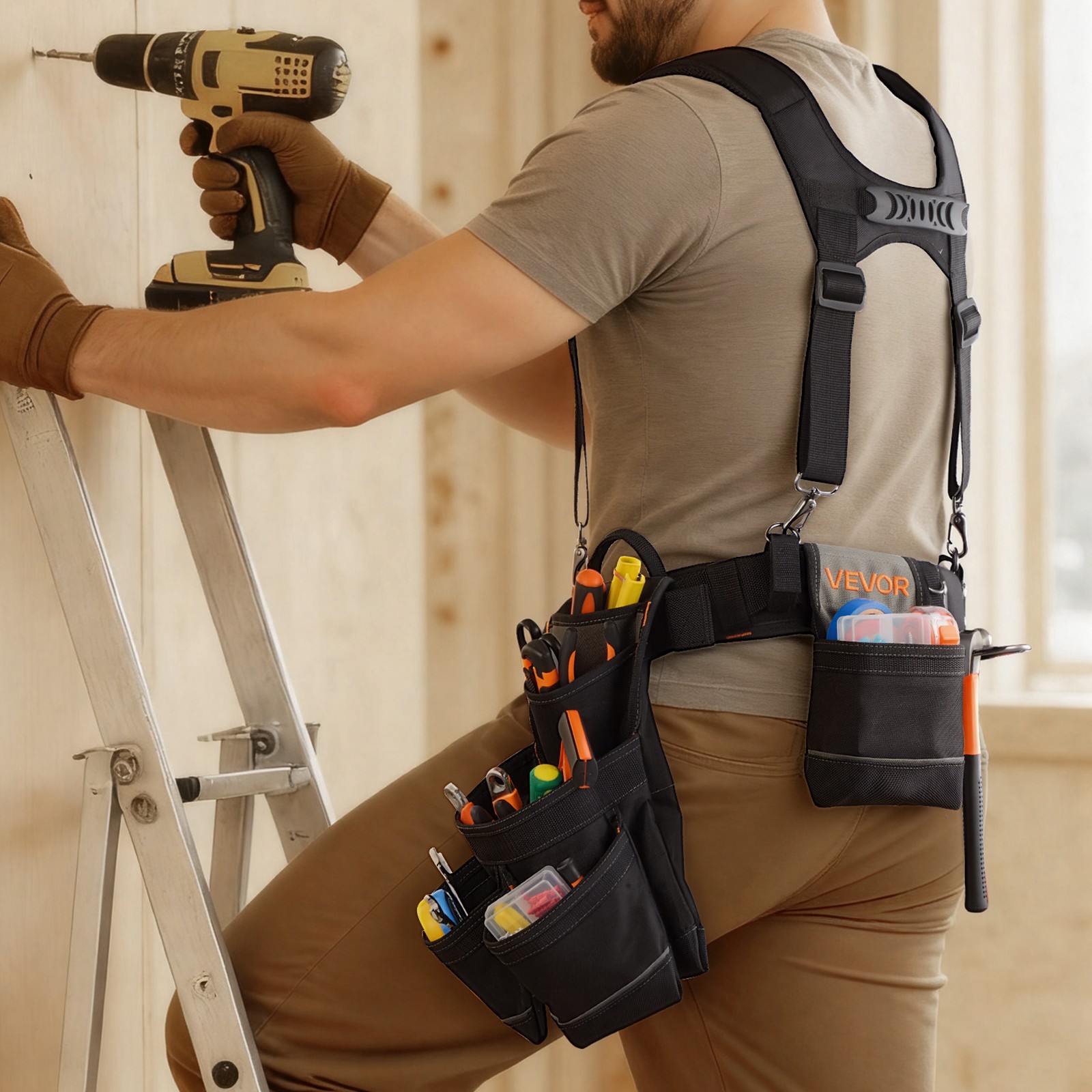 VEVOR Tool Belt Electricians Work Belt with Suspenders 19 Pocket Tool Pouch Bag