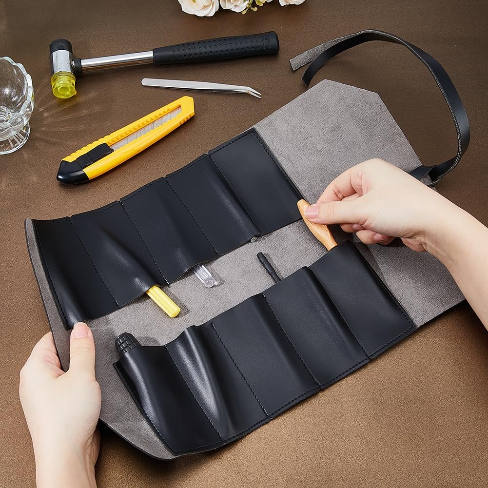 Leather Tool Roll Up Pouch 25.5cm Black Hand Tools Pouch Multi-Purpose Small …
