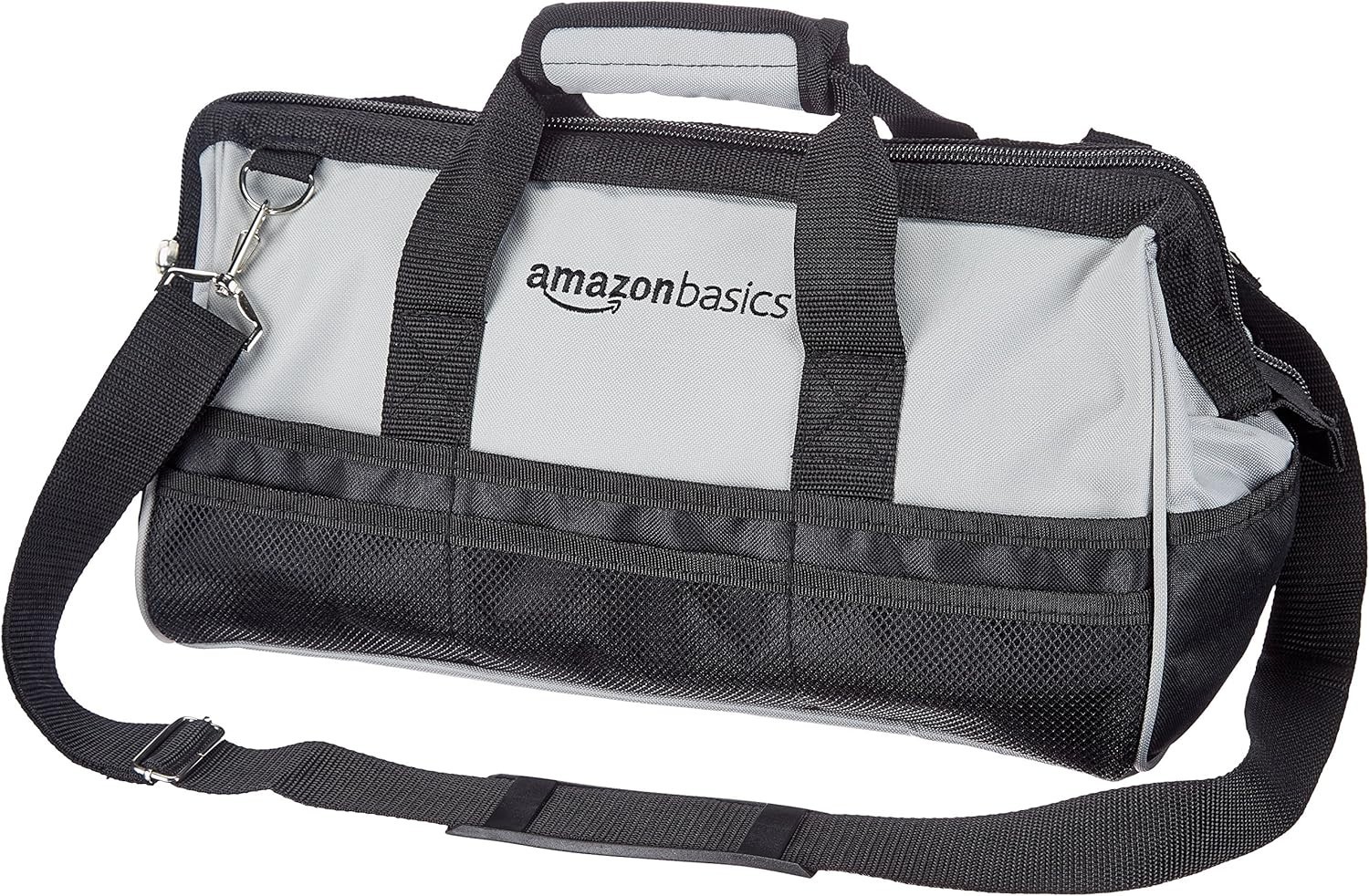 Durable 16-Inch Tool Bag with 26 Compartments & Adjustable Strap in Black/Grey