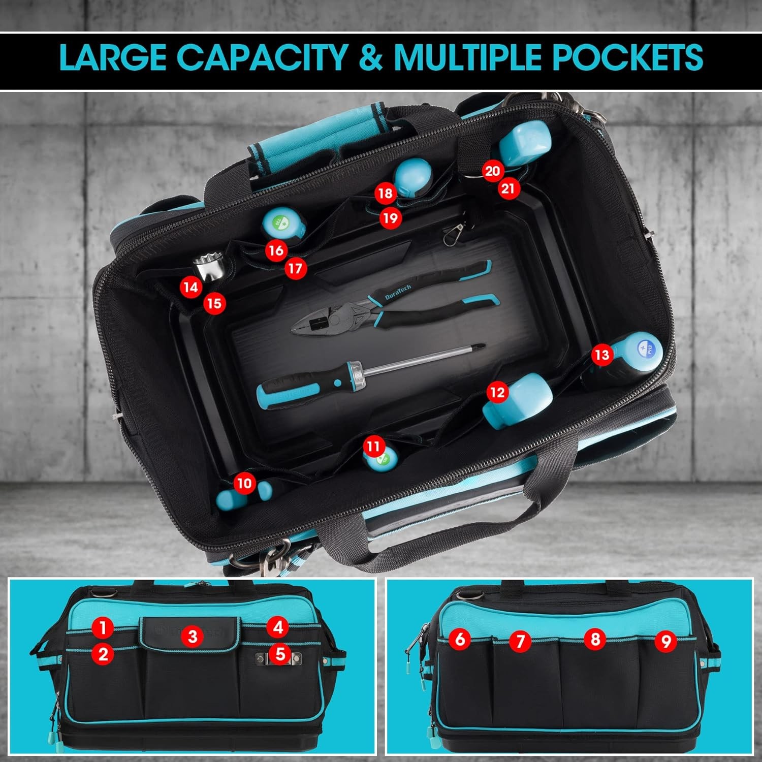 DURATECH 17″ Wide Mouth Tool Bag, Large Storage 32 Pocket Blue, Black