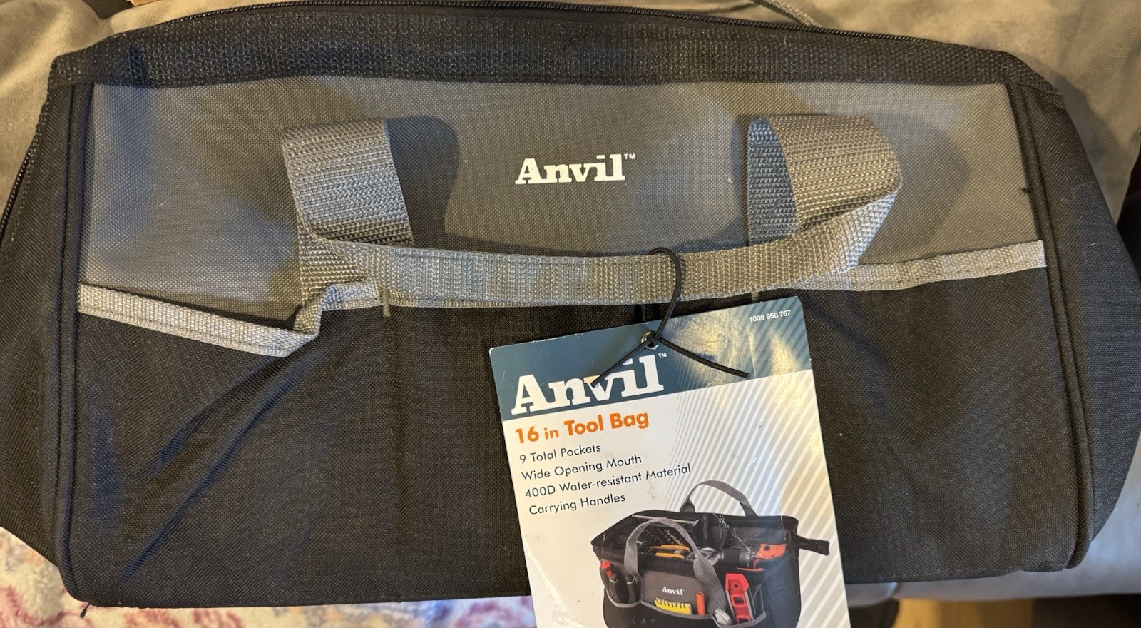Anvil 16 in Tool Bag, 9 Pockets, 400D Water-resistant, Wide Mouth, Black/Gray