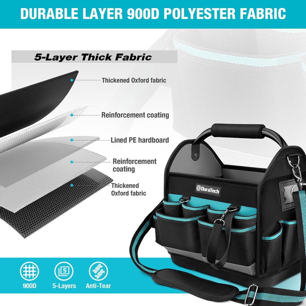 DURATECH 12 Inch Tool Tote with Waterproof Hard Bottom Electrician Tool Bag New