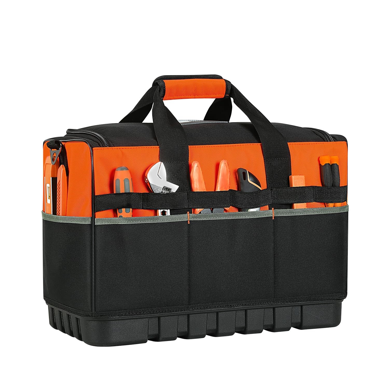 Large Tool Bag 17.7×12.6×11 Inch Waterproof Molded Base 18 Pockets 600D